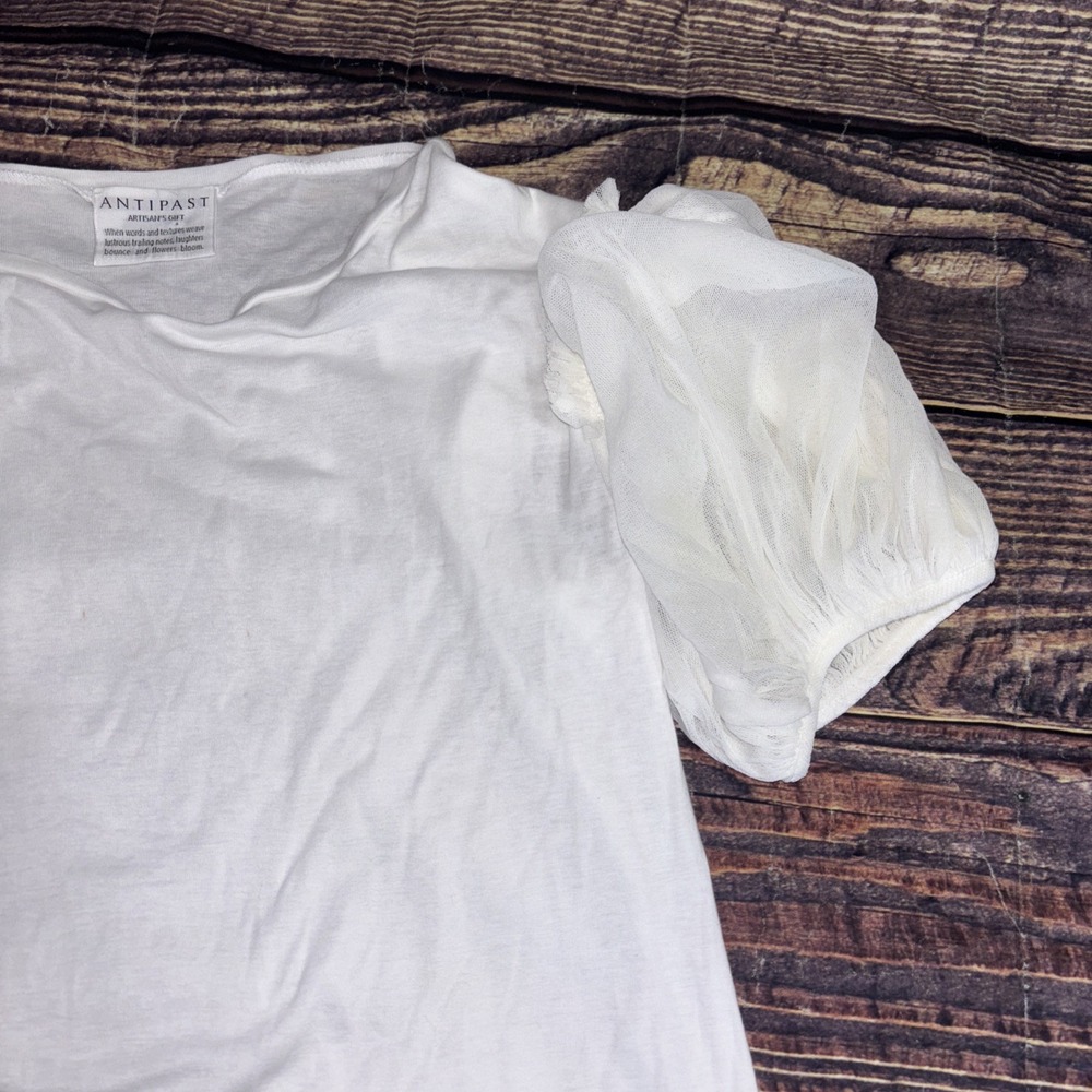 ANTIPAST Artisans Gift White Cotton SS Top with Sheer Puff Ruffle Sleeves S/M - Picture 7 of 7